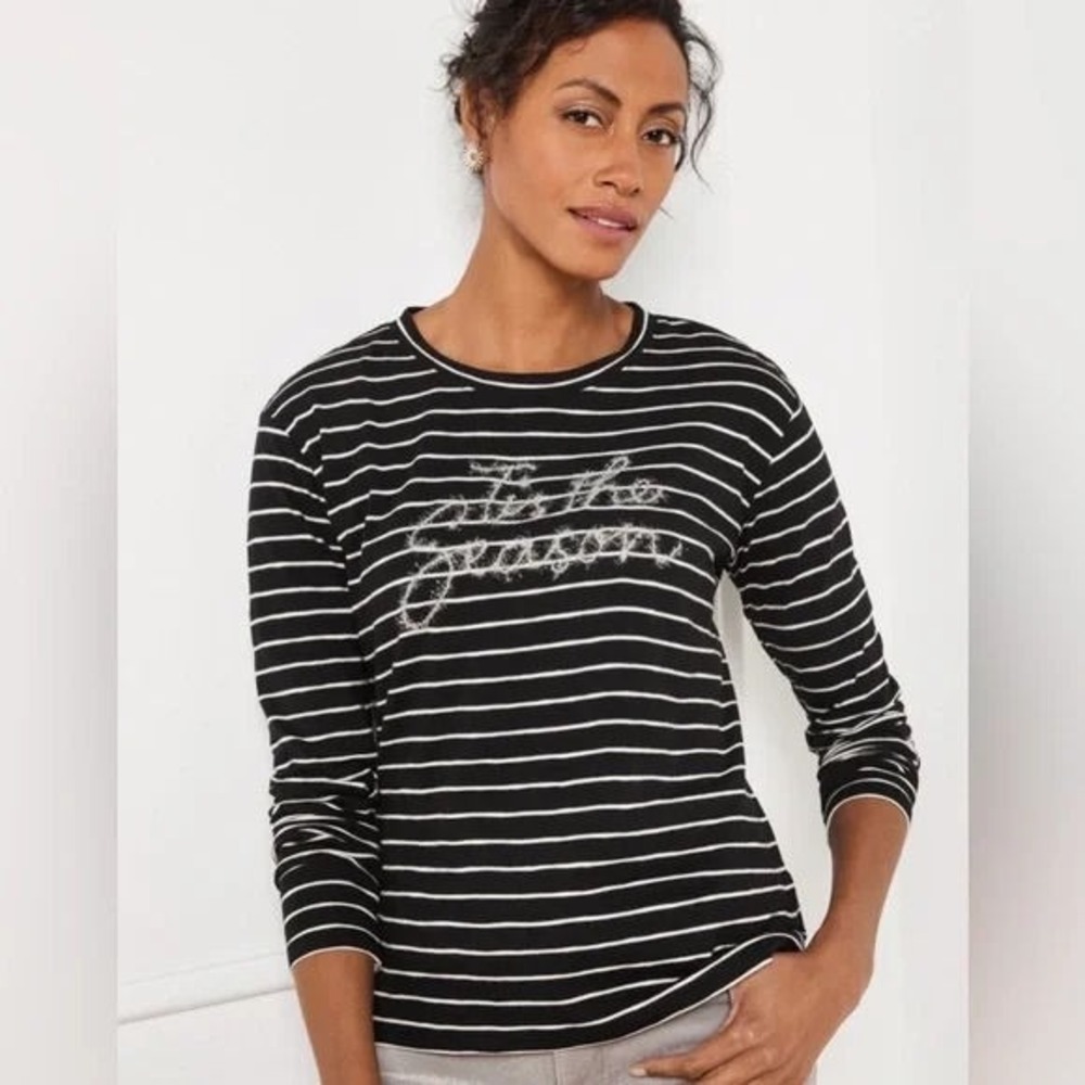 Talbot's Women's Long Sleeve Striped Tee w/ Tinsel - 'Tis the Season - Black - S